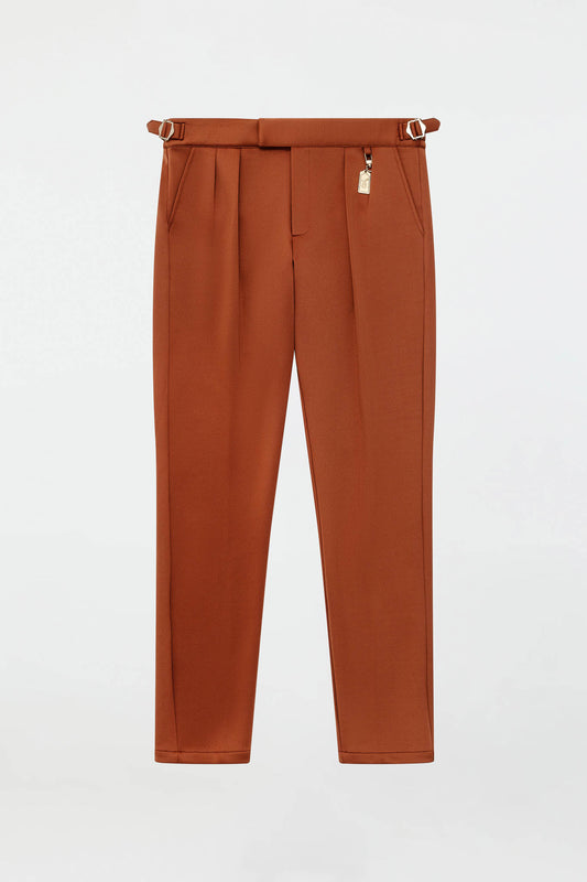 STRETCH COTTON PLEATED PANTS – BURNT SIENNA