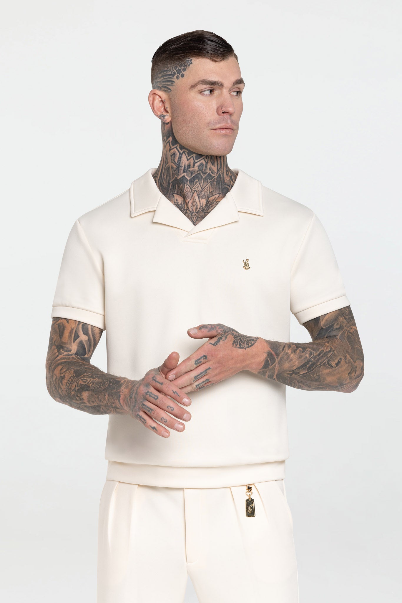 STRETCH COTTON REVERE COLLAR POLO SHIRT – IVORY