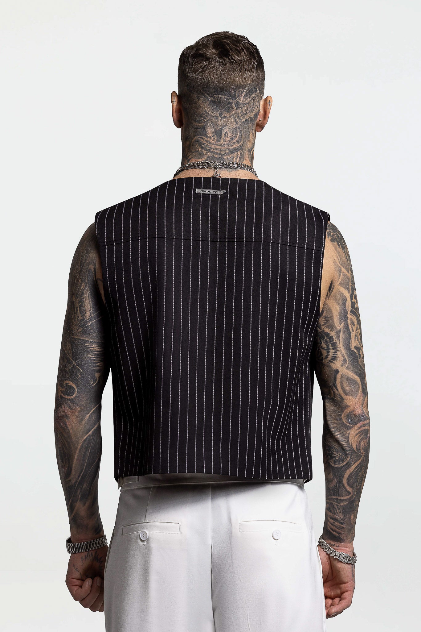 CROPPED VEST – BLACK PINSTRIPE