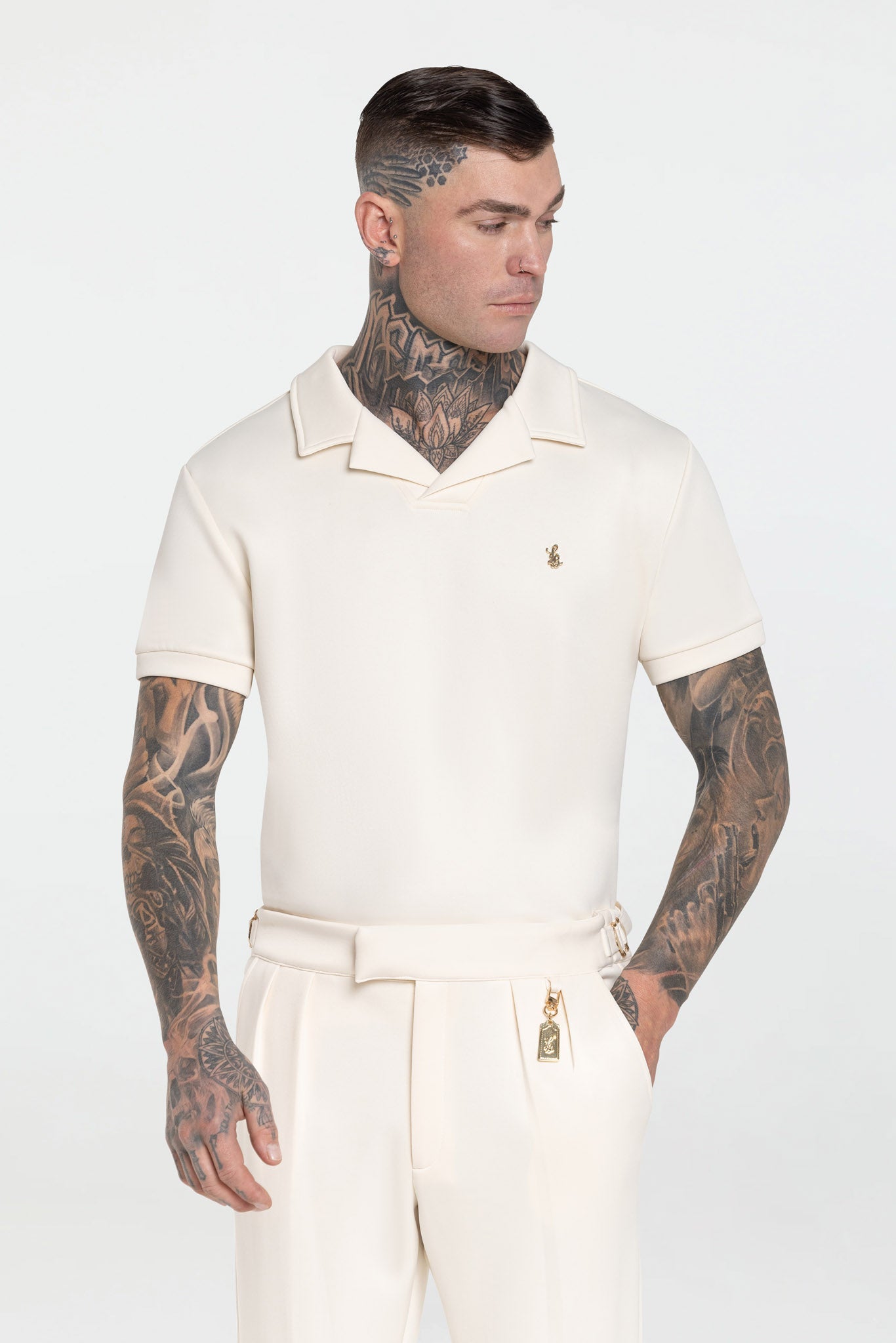 STRETCH COTTON REVERE COLLAR POLO SHIRT – IVORY